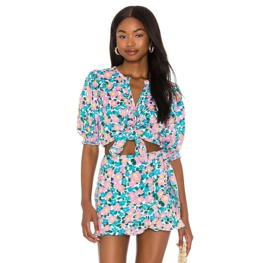 Show Me Your Mumu 2 Pc Leslie Set Violet's Garden Button Down Wrap Shorts XS/Med
